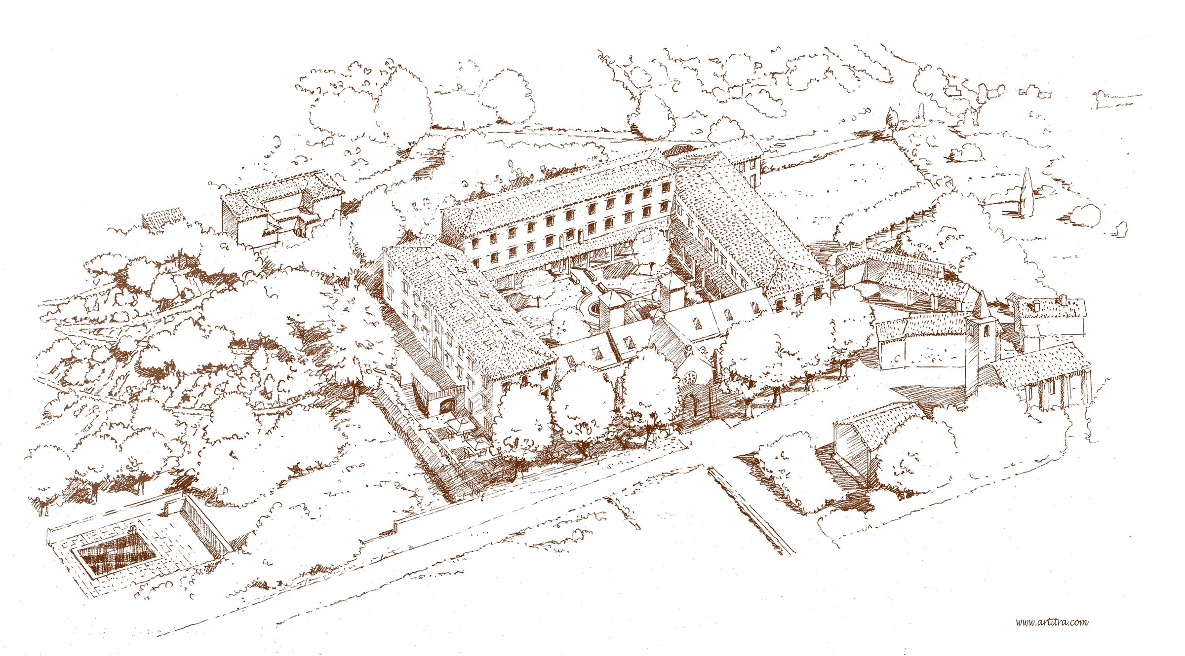 Dessin vue aérienne monastère Ardouane